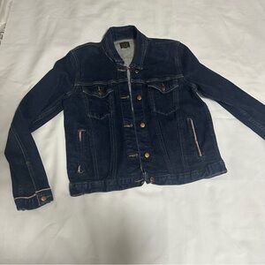 Obey Dark Blue Denim Jacket red logo embroidered on the back size large